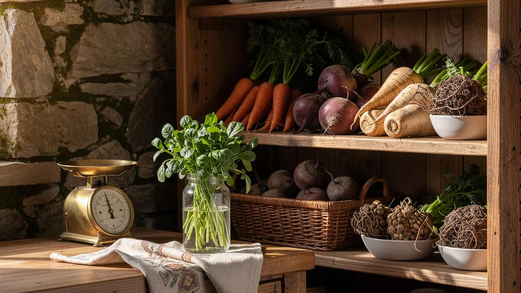 Coin de garde-manger aménagé avec légumes d'hiver et mâche dans un décor rustique et naturel