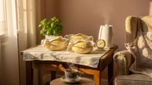 Chambre improvisée pour la pousse de la gâche et des brioches, ambiance cosy et lumineuse