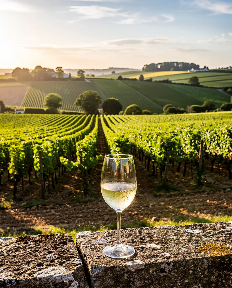 Vignoble nantais et verre de muscadet sur lie
