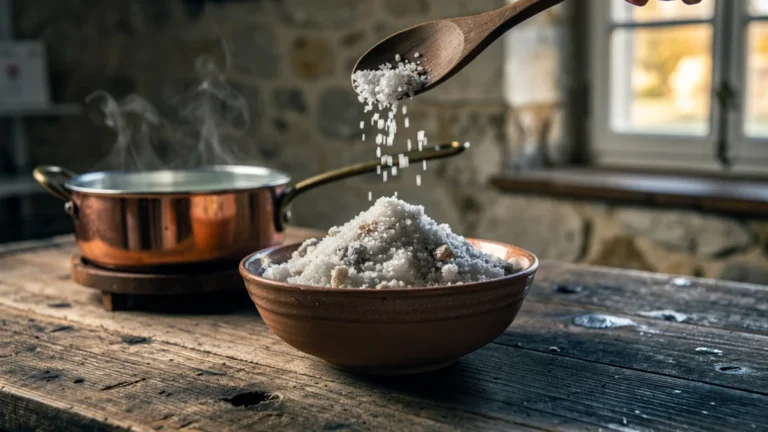 Préparation du sel de Guérande avec rinçage avant cuisson, gros plan sur cristaux humides dans une cuisine rustique