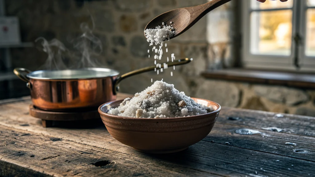 Préparation du sel de Guérande avec rinçage avant cuisson, gros plan sur cristaux humides dans une cuisine rustique