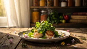 Assiette gourmande avec mâche nantaise mariée à des noix de Saint-Jacques, présentation créative en cuisine