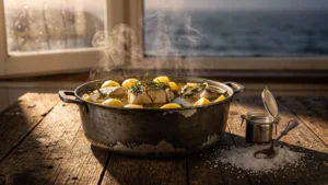 Cotriade iodée salée en excès dans une casserole rustique, ambiance cuisine côtière douce et réaliste