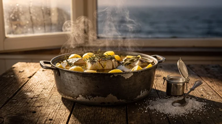 Cotriade iodée salée en excès dans une casserole rustique, ambiance cuisine côtière douce et réaliste