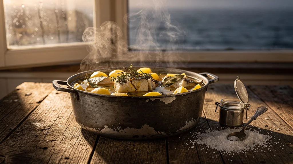 Cotriade iodée salée en excès dans une casserole rustique, ambiance cuisine côtière douce et réaliste