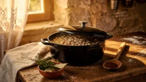 Cocotte en fonte avec mogettes de Vendée dans une cuisine rustique éclairée par une lumière chaude