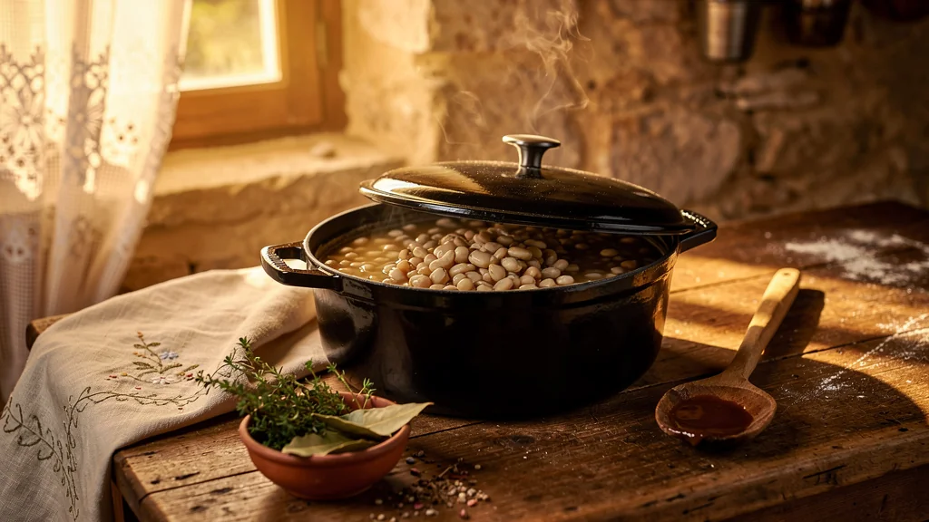 Cocotte en fonte avec mogettes de Vendée dans une cuisine rustique éclairée par une lumière chaude