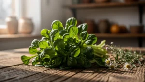 Feuilles de mâche fraîches en gros plan, célébrant leur rôle au-delà de simple garniture d'hiver
