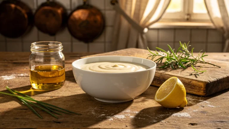 Bol de beurre blanc crémeux sans échalote dans une cuisine française traditionnelle en lumière naturelle
