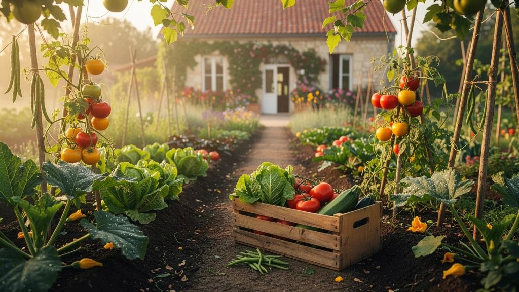 Potager nantais luxuriant et légumes frais récoltés pour rythmer les menus de saison