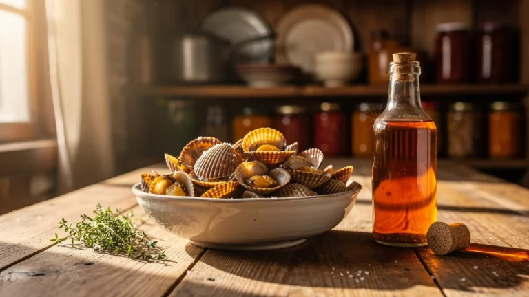 Coques relevées au vinaigre de cidre local, cuisine rustique avec lumière naturelle et ambiance chaleureuse