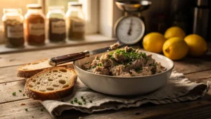 Rillettes de sardine maison crémeuses sur pain grillé dans une cuisine rustique lumineuse