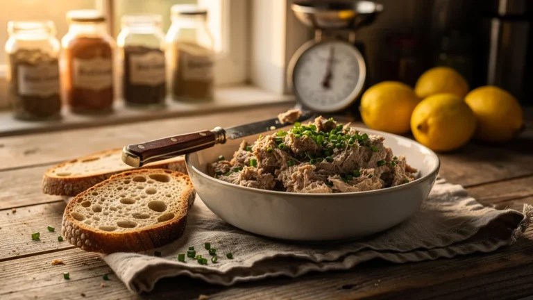Rillettes de sardine maison crémeuses sur pain grillé dans une cuisine rustique lumineuse
