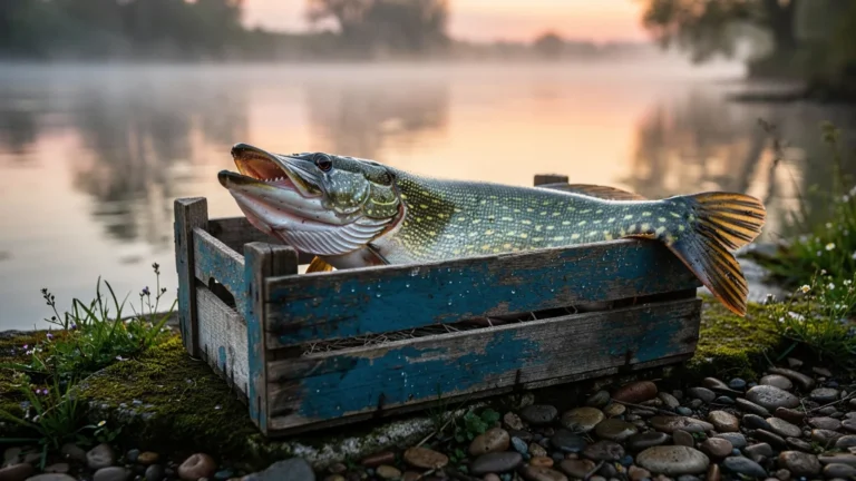 Crate with a whole Loire pike on riverbank at dawn, showcasing traditional fishmonger's antique style