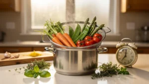 Panier vapeur en inox avec légumes primeurs frais et colorés préservés du trop-cuit en cuisine lumineuse