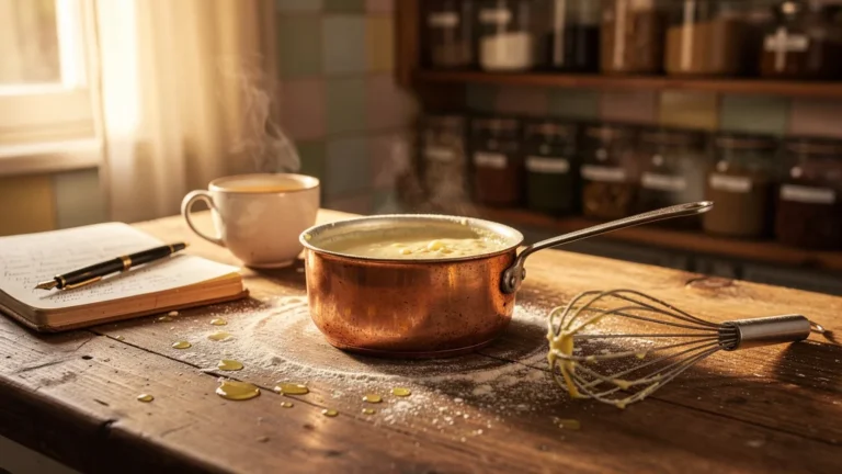 Premier beurre blanc raté avec fouet et casserole en cuisine française réaliste et lumineuse