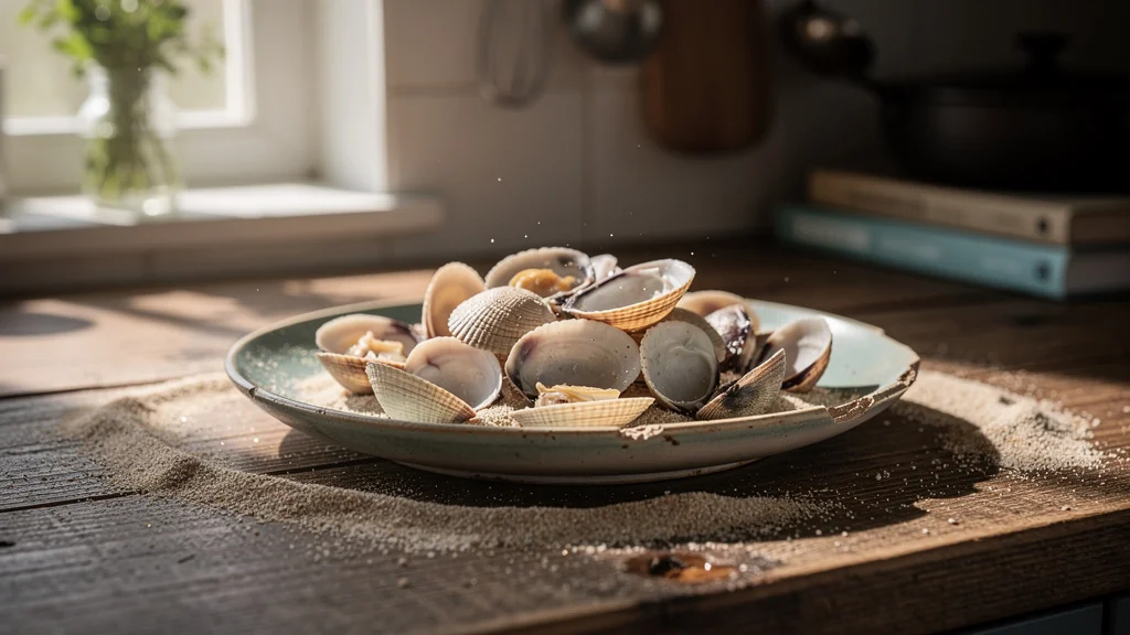 Coques fraîchement rincées avec sable sur une assiette, ambiance cuisine naturelle et réaliste