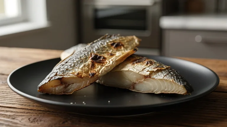 Trois filets de merlan desséchés illustrant la cuisson excessive de deux minutes, texture sèche et craquelée détaillée