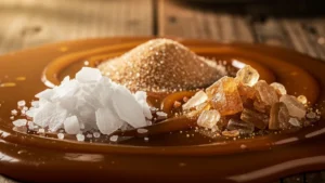 Trois sels de Guérande sur caramel au beurre salé, gros plan réaliste et détaillé pour article culinaire