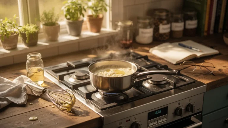 Beurre blanc tourné à cause d’un feu trop fort dans une cuisine professionnelle réaliste