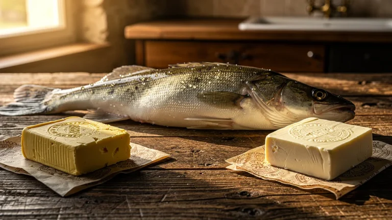 Un sandre posé sur une table en bois avec deux beurres nantais pour un duel culinaire réaliste