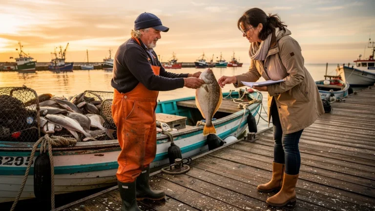 Femme inspectant une sole fraîche au port avec un pêcheur, guide pour reconnaître la fraîcheur du poisson