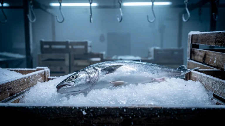 Poisson surgelé sur lit de glace dans une criée vide un jour sans marché, réalisme photo 8K