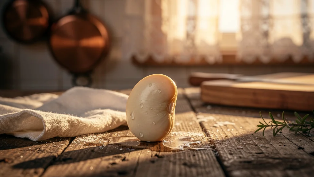 Mogette ferme insuffisamment trempée sur table en bois, ambiance chaleureuse de cuisine rustique